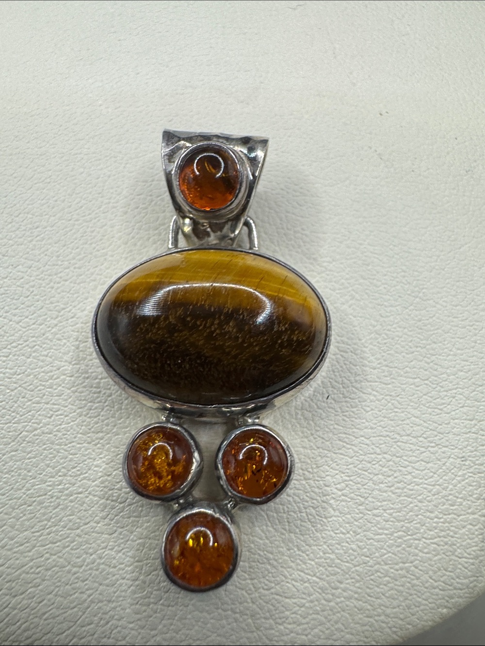 Sterling Silver Tiger's Eye Pendant with Amber Accents - Brown & Amber